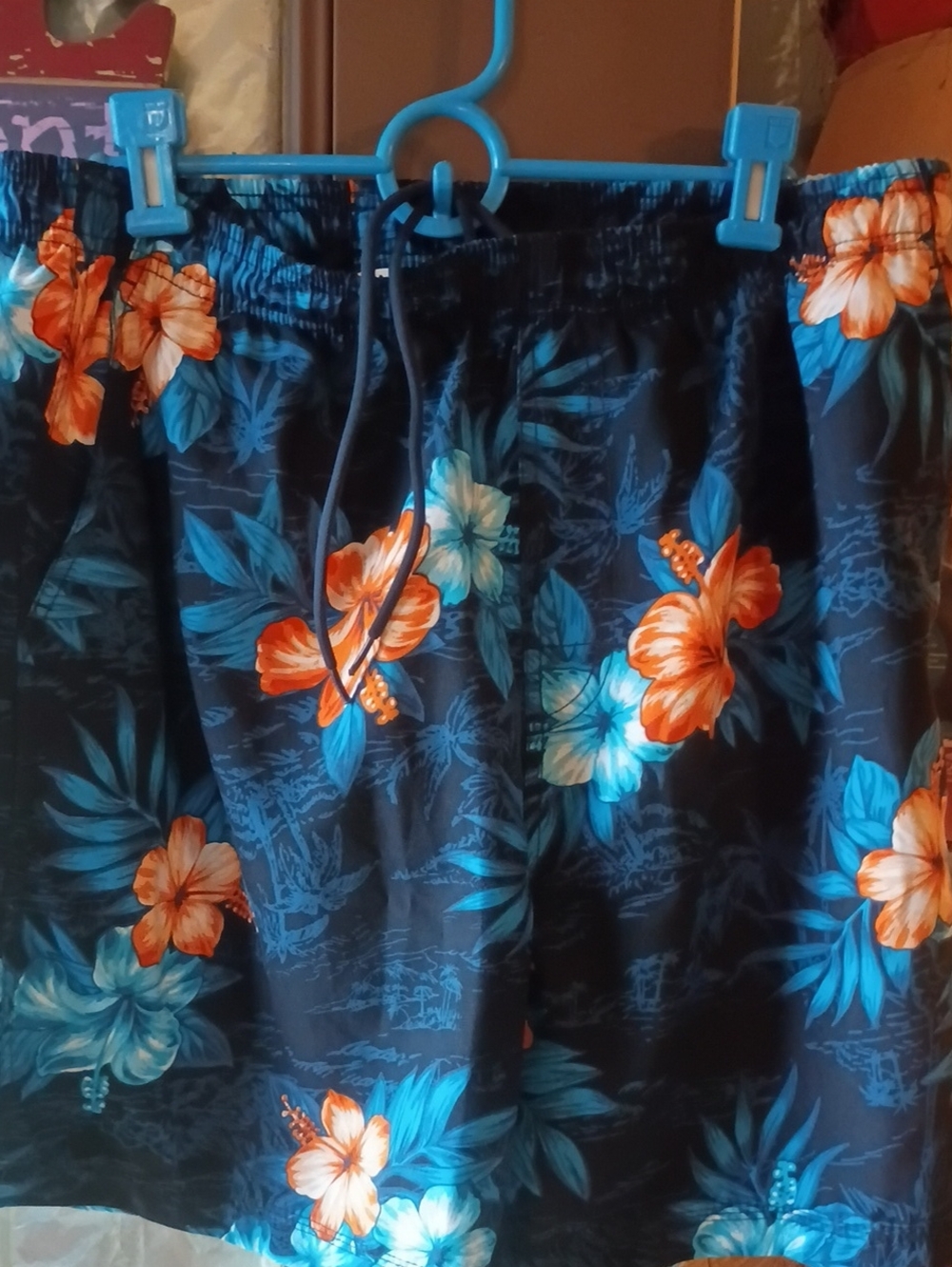 Men's Floral Swim Trunks - Black with Blue & Orange Hibiscus
